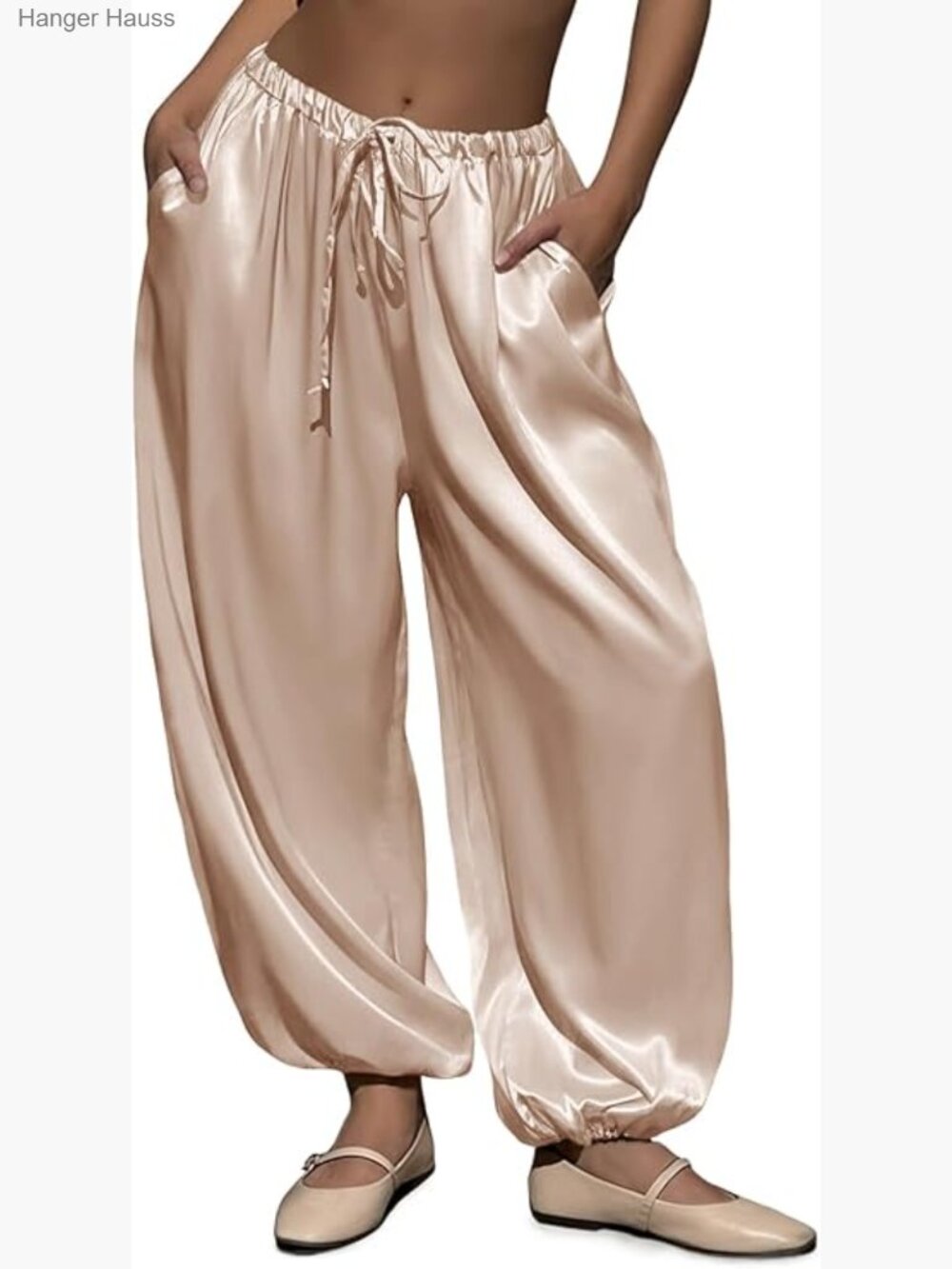 Womens Satin Harem Pants Elastic Waist Drawstring Baggy Barrel Leg Loose